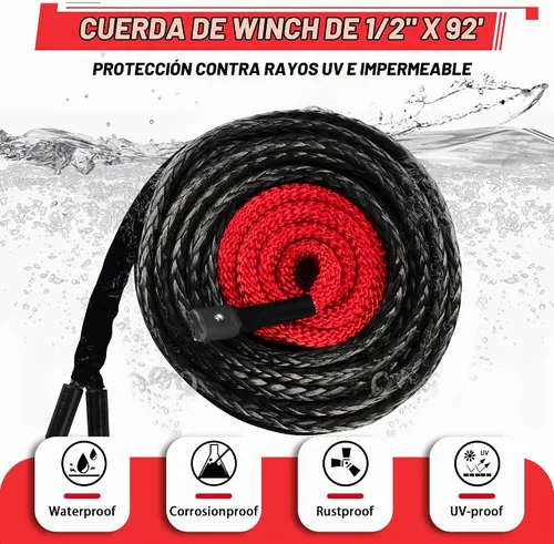 Vista 2 de TYT Kit de Cuerda Sintética para Cabrestante - 1/2" x 92' con 32000 lbs de Resistencia, Funda Protectora, Gancho de Servicio Pesado y Correa