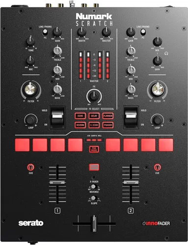 Vista 2 de Numark Scratch + SoundSwitch DMX Micro Interface Mezclador de arañazos DJ de 2 canales con Innofader Crossfader, licencia DVS, almohadillas