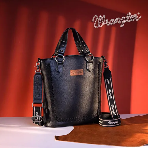 Vista 2 de Wrangler Bolsos de mano con asa superior para mujer, bolsos acolchados con bolsillos con cremallera, trenza en forma de U y diseño único de remaches
