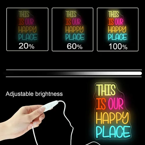 Vista 4 de NOSUN Letrero de neón con texto en inglés «This is Our Happy Place» para decoración de pared, letras coloridas y alegres, luces LED de neón con USB
