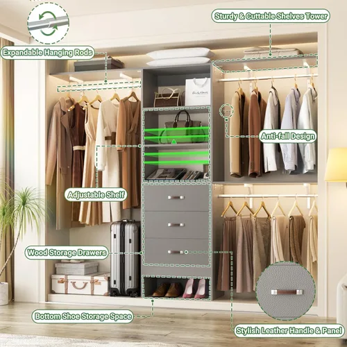 Vista 4 de Besiost - Sistema de armario con cajones - Sistema organizador de armario de madera de 8 pies con 3 varillas para colgar y torre de estanterías