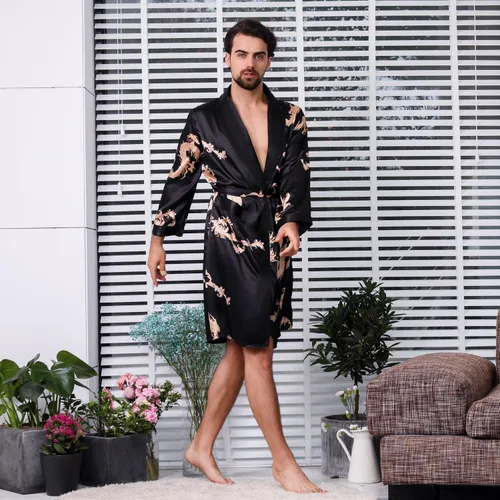 Vista 3 de Bata de satén para hombre, de seda, de manga larga, kimono, ropa de dormir, ropa de descanso