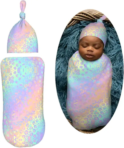 Vista 2 de Juego de mantas holográficas de leopardo para recién nacidos, manta de recepción suave para bebé, saco de envoltura para baby shower, regalo