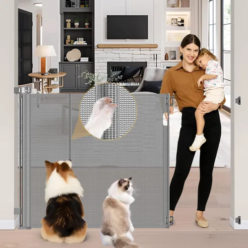 Vista 19 de Puerta Reforzada para Mascotas Extra Alta de 42" y Puerta Retráctil para Bebés de 55" de Ancho con Varillas de Soporte - Puerta Retráctil para Negro