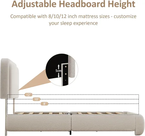 Vista 4 de Base de cama de tamaño Full con tapizado de bouclé, plataforma tapizada con cabecera, anticolisión con esquinas redondeadas suaves, no requiere
