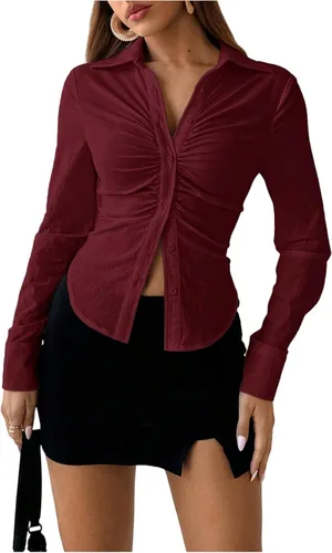 Vista 6 de SOLY HUX - Blusas de manga larga con botones y fruncidos para mujer, camisas de ajuste delgado, tops estéticos