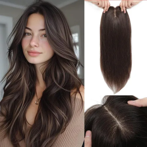 Vista 13 de Aimeolyn Toppers de cabello para mujer, cabello humano real, sin flequillo, extensiones de cabello superior para adelgazar, base de encaje Haisr
