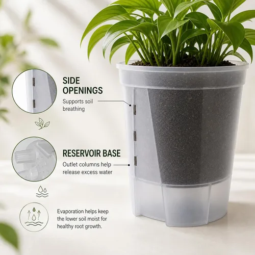 Vista 4 de Macetas de riego automático para plantas de interior, macetas transparentes con drenaje y depósito profundo, paquete de 9 macetas de riego