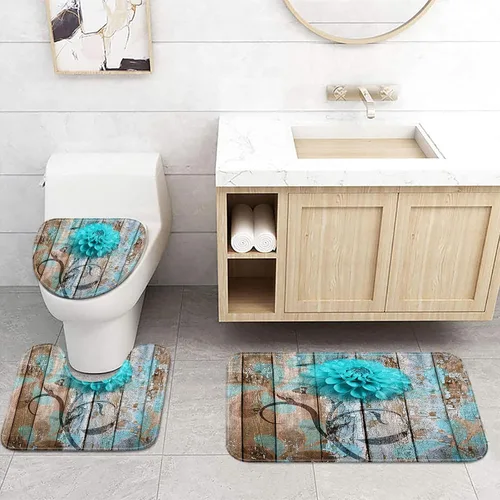 Vista 38 de JAWO Alfombra de baño con flores de granja, dalia en tablones de madera rústica, juego de tapetes de baño con flores azules, en forma de U