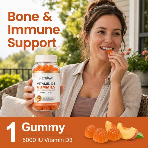 Vista 8 de Gomitas de vitamina D3 K2 sin azúcar 5000 UI + K2 MK7 80 mcg - Gomitas de vitamina D para adultos con prebióticos y fibra - Apoya los huesos