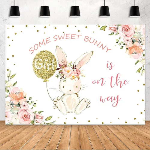Vista 6 de MEHOFOND Fondo de fiesta de conejito de 7 x 5 pies para decoración de fiesta de baby shower, con texto en inglés "Some Sweet Bunny is on the Way