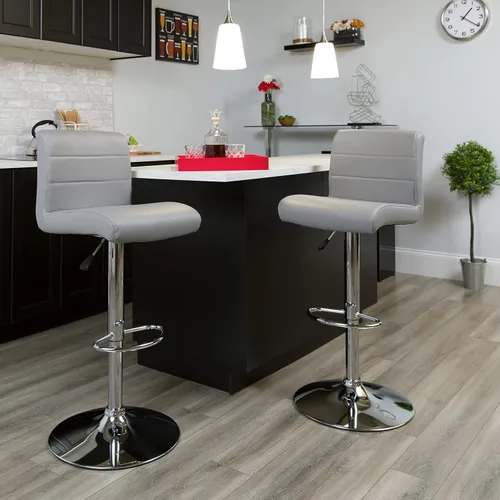 Vista 2 de Flash Furniture Taburete de bar de altura ajustable de vinilo gris contemporáneo con asiento enrollado y base cromada