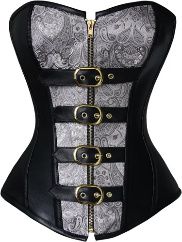 Vista 12 de Charmian - Corsé Steampunk gótico con espiral de acero para mujer, con cadenas Negro