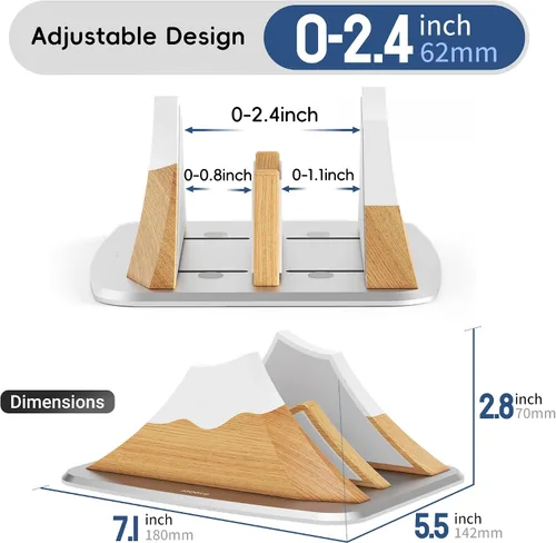 Vista 4 de AFOOYO Soporte vertical doble para laptop, soporte ajustable de madera en forma de pico de nieve, base de escritorio con 2 ranuras compatible