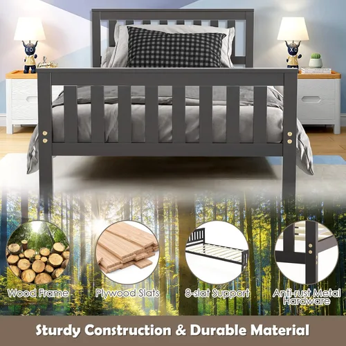 Vista 5 de NAFORT Base de cama de plataforma de madera individual con cabecero y estribo, base de cama de madera maciza y soporte de listones de madera fuerte