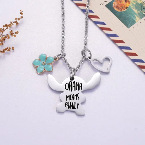 Vista 3 de Ralukiia - Collar con la frase "Ohana mean family", llavero con forma de Stitch, regalos de joyería para niños y niñas