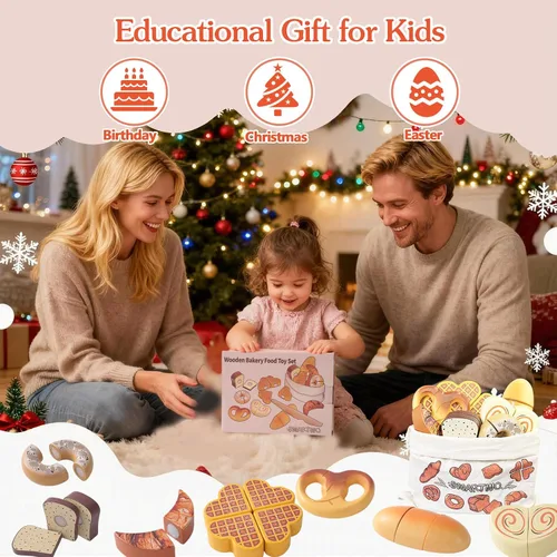 Vista 6 de Juguetes de madera para niños pequeños, juego de corte para hornear para niños, juego de simulación de panadería de cocina para niños, regalo