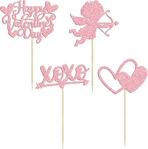 Vista 14 de Ephlyn 24 adornos para cupcakes con purpurina para el día de San Valentín, dulce amor, corazón, día de San Valentín, decoración para cupcakes