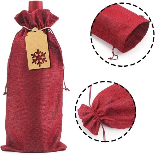 Vista 3 de LOKIPA Bolsas de regalo de vino de arpillera, 12 bolsas para botellas de vino de yute con cordón, fundas reutilizables para botellas de vino