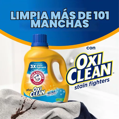 Vista 6 de ARM & HAMMER Plus OxiClean Ultra Stain Fighters - Detergente líquido para ropa Removedor de manchas para ropa, aroma a prado limpio, 74 cargas