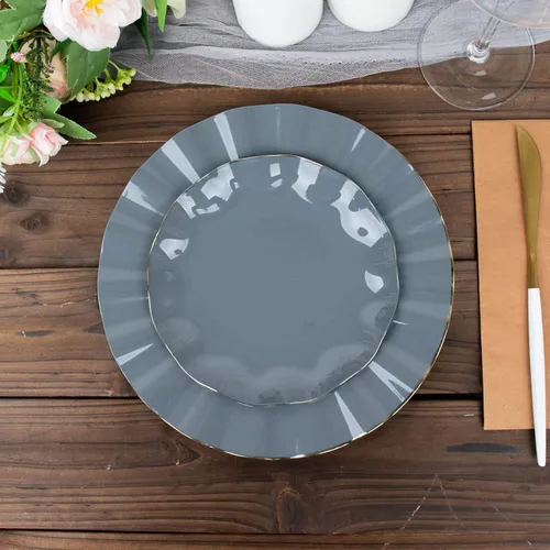 Vista 142 de Tableclothsfactory Paquete de 10 platos redondos de plástico negro de 6 pulgadas para ensalada de postre, platos desechables con borde ondulado