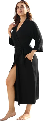 Vista 2 de Camisón largo para mujer, bata suave de punto, kimono, ligero, ropa de descanso, bata de baño, pijama de rayón con bolsillos
