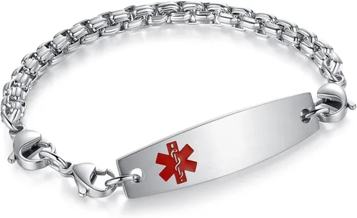 Vista 135 de Brazaletes de alerta médica ajustables de 7.5" a 9" para mujer/hombre, de acero inoxidable, intercambiables Cadena de bloque