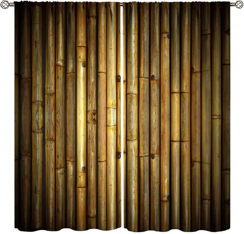 Vista 20 de Cortinas con estampado de bambú verde natural, plantas asiáticas, japonesas, tallos rústicos, hojas, cortina de selva con bolsillo para cortinero