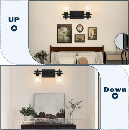 Vista 4 de 2 luces de tocador de baño, accesorios de luz de tocador negro mate sobre espejo, apliques de pared modernos con pantalla de vidrio transparente