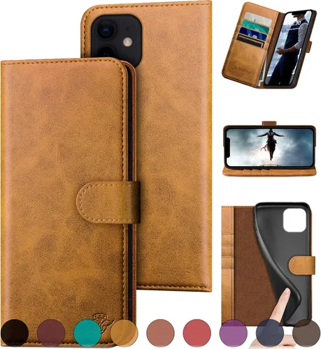 Vista 14 de DuckSky Funda tipo cartera de piel auténtica para iPhone 11 con bloqueo RFID, 4 tarjeteros de crédito. Cuero auténtico. Funda protectora para iPhone