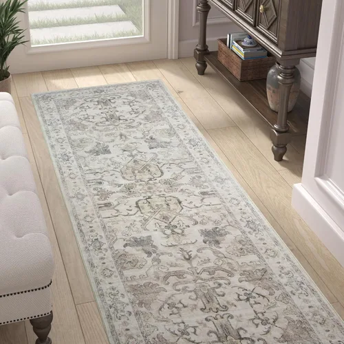 Vista 17 de jinchan Lima - Alfombra simétrica floral geométrica lavable, alfombra de entrada de medio círculo de 2 x 3, alfombra de media luna, suave y Azul
