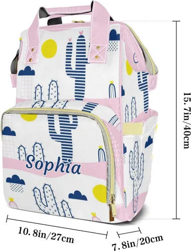 Vista 7 de Sunshine Pink Cactus - Mochila para pañales con nombre de gran capacidad, bolsa multifunción para mamá, papá, unisex, niño y niña, Diseño 1