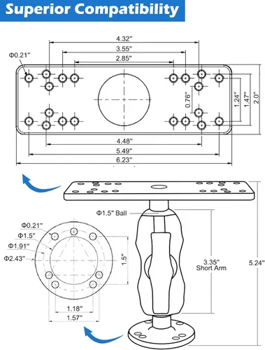 Vista 6 de Soporte para buscador de peces de brazo corto con bola de 1.5 pulgadas, montaje electrónico marino, placa de montaje universal con adaptadores