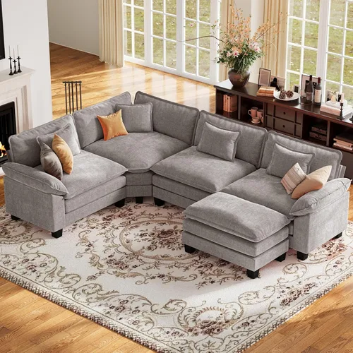 Vista 50 de Sofá modular de gran tamaño de 154 pulgadas, cómodo sofá en forma de U con 3 otomanas móviles, sofá moderno de felpilla de 7 plazas para sala