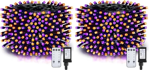 Vista 8 de Luces de Halloween moradas y naranjas de 66 pies para exteriores, 200 luces LED de Halloween con 8 modos, enchufable naranja morado colgante