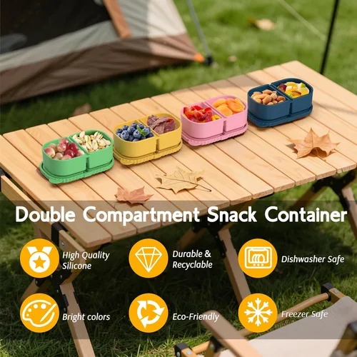 Vista 4 de ICEROYCE Paquete de 4 Recipientes de Silicona para Aperitivos con Tapas, Recipientes de Aperitivos de Doble Compartimento para Salsa, Caja
