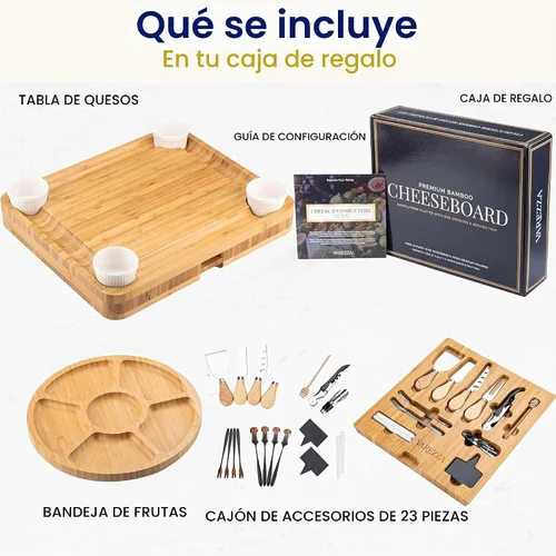 Vista 9 de Juego de tablas de charcutería – Tabla grande de queso de bambú y plato con accesorios de charcutería, regalos de inauguración de la casa
