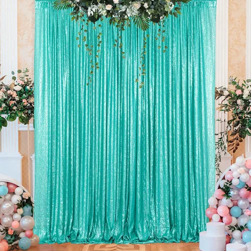 Vista 21 de ShinyBeauty Cortinas de lentejuelas 2 paneles de 2 x 8 pies, cortinas de fondo de fiesta verde azulado con purpurina para bodas, Navidad, Año Nuevo