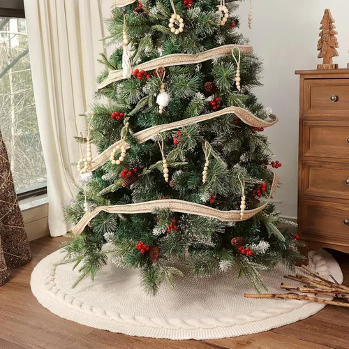 Vista 4 de Falda de árbol de Navidad de 48 pulgadas: falda de árbol de punto trenzado para árbol de 7.5 pies, falda de árbol blanco crema, faldas de árbol