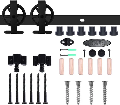 Vista 7 de Kit de rieles de 98-2/5 pulgadas para puerta corrediza de granero, rodillo de rueda negro básico para puertas individuales, sistema de rieles