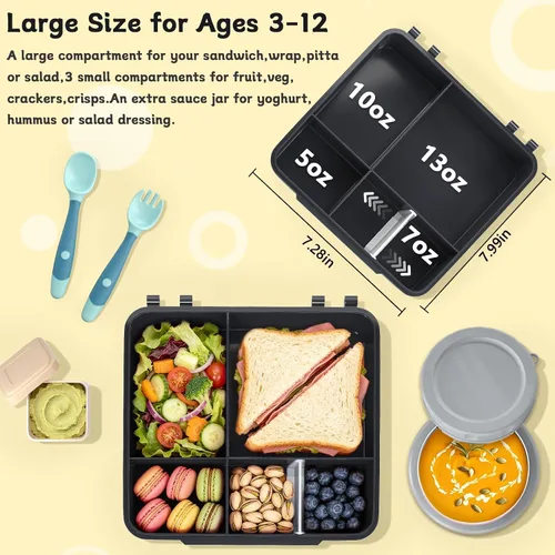 Vista 2 de Lonchera para niños con lonchera Bento con tarro de comida de 9 onzas, color negro Contenedor de almuerzo escolar a prueba de fugas de 4 azul