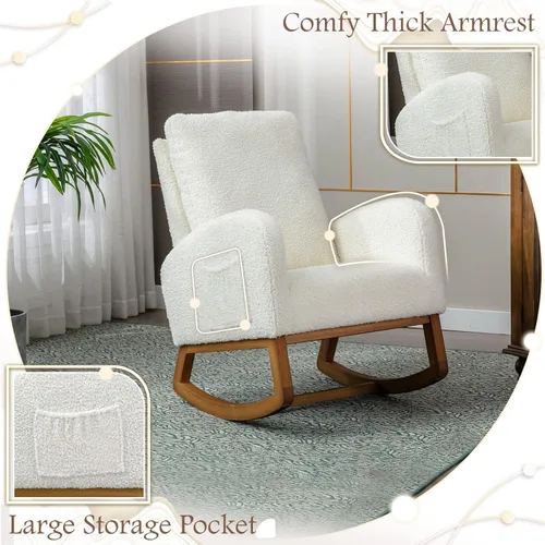 Vista 5 de Comfy - Silla mecedora tapizada para guardería o relajación, sillón de sala de estar con respaldo alto, mecedora moderna con bolsillo lateral