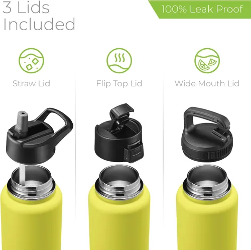 Vista 140 de SIPX™ Botella de Agua Aislada de 18 oz con 3 Tapas – Acero Inoxidable a Prueba de Fugas, Triple Aislamiento – Frío 24 Horas/Caliente 12 Horas – Negro