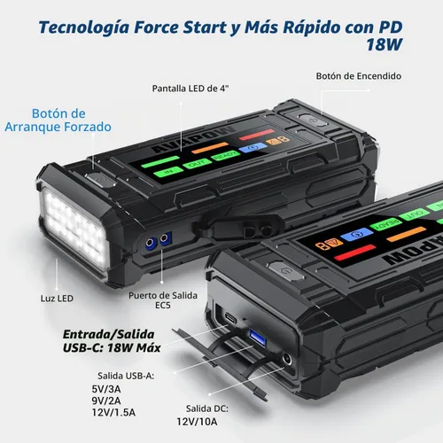 Vista 8 de AVAPOW TJ18 Arrancador de coche – 5000A 12V batería arrancador portátil Negro