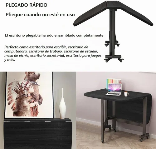 Vista 4 de Mesa Multifuncional de Hoja Abatible - Mesa de Comedor Plegable de 47" de Madera con 6 Ruedas (Negro)