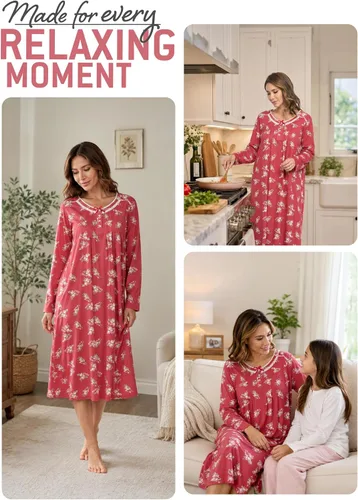 Vista 6 de Casual Nights Vestido de dormir floral de manga larga para mujer, camisón Henley de longitud completa Baya(Berry floral)