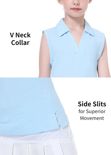 Vista 3 de EXARUS Camisetas polo de golf para niñas, sin mangas, cuello en V, tenis, atléticas, para ejercicio escolar de 5 a 12 años