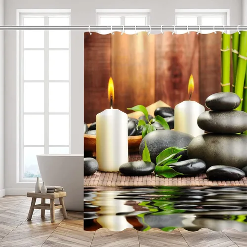 Vista 2 de Cortina de ducha de tela de poliéster, decoración de spa por baño, decoración de jardín zen para baño, diseño mágico japonés, velas de bambú, verde