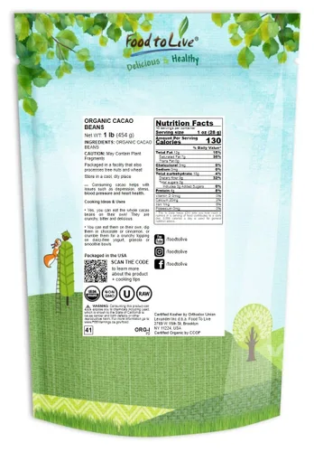Vista 3 de Food to Live Granos de cacao orgánicos, 1 libra, sin OMG, keto, vegano, seco, a granel, rico en fibra dietética, cobre, manganeso, magnesio, zinc