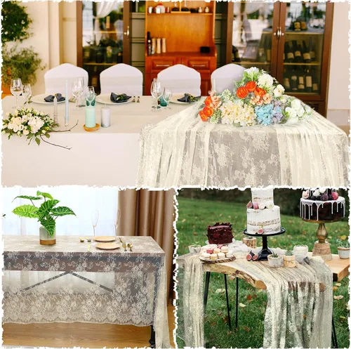 Vista 5 de Chumia Mantel rectangular de encaje de 60 x 120 pulgadas, mantel rústico superpuesto con rosa bordado vintage para boda, recepción, fiesta